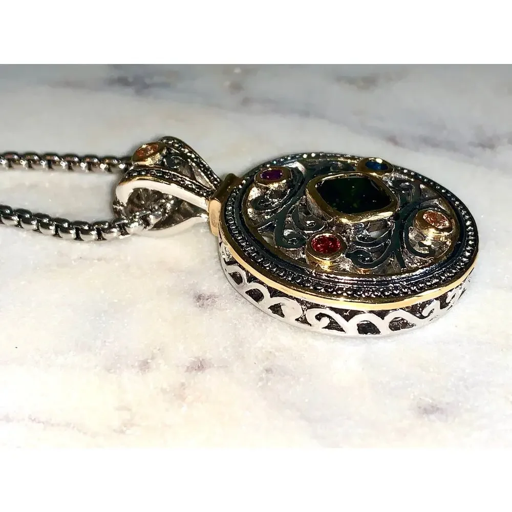 Silver Tone Round Crystal Gemstone Locket Style Scroll Pendant Necklace